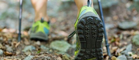 Woman exercising in forest, nordic walking