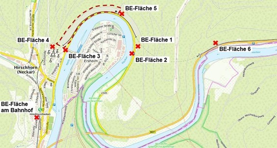 Abb. 1: Übersichtsplan mit Baubereich (rot gestrichelt) und Verortung der BE-Flächen (Quelle: GeoPortal Hessen, 10.05.23 12:15 Uhr)
