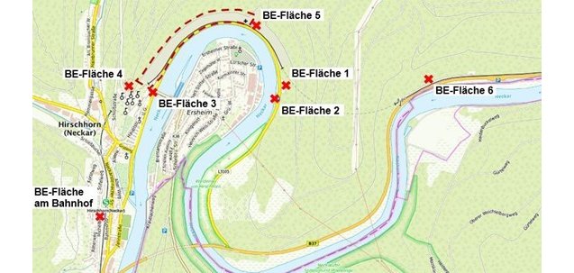 Abb. 1: Übersichtsplan mit Baubereich (rot gestrichelt) und Verortung der BE-Flächen (Quelle: GeoPortal Hessen, 10.05.23 12:15 Uhr)